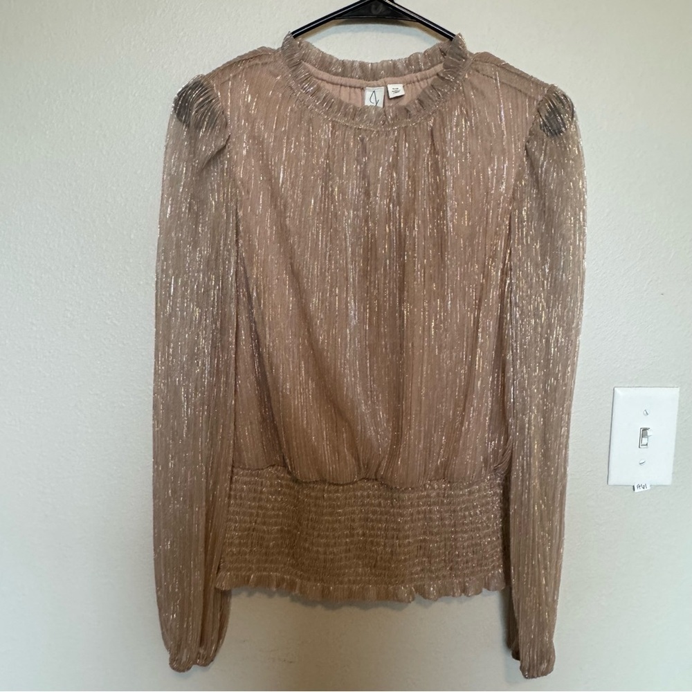 Joie Shimmery Metallic Ruffle-Neck Long-Sleeve Blouse Size Small